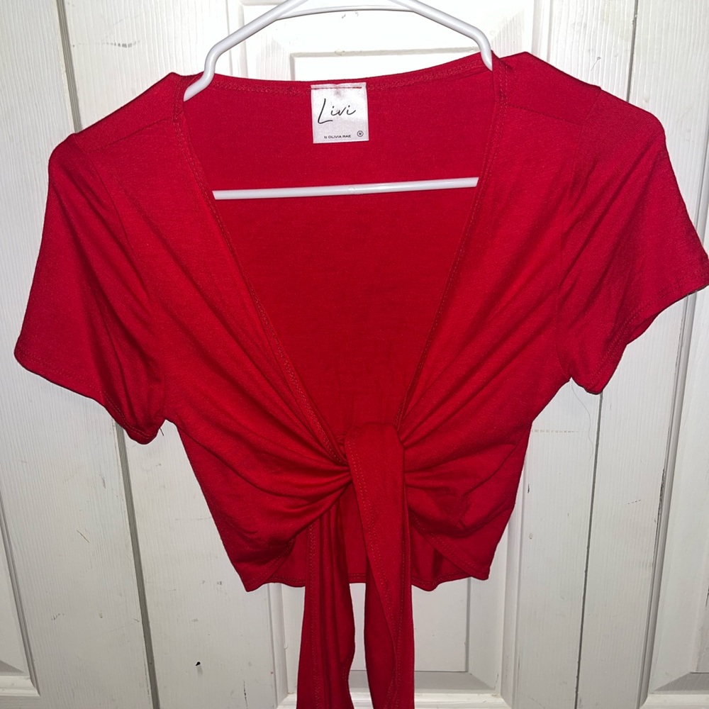 Red wrapped tie shirt